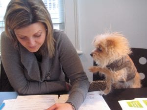 An ad copywriter and her sidekick, Cowboy, at Rethink: Vancouver, 2008.